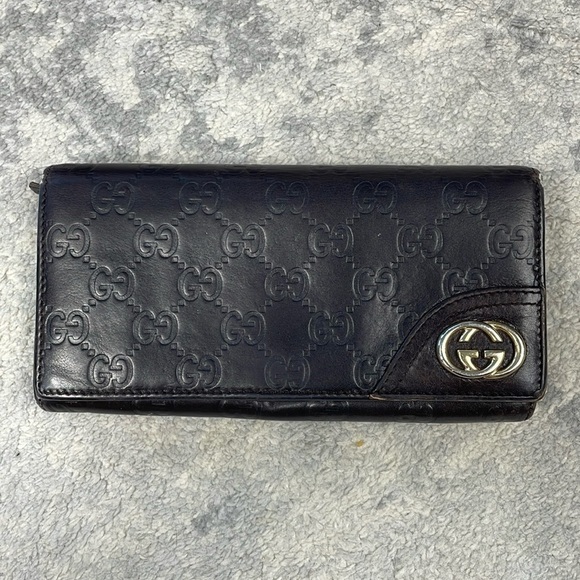 Gucci Leather Embossed GG Long Snap Wallet Dark Brown Interlocking GG - Picture 1 of 17